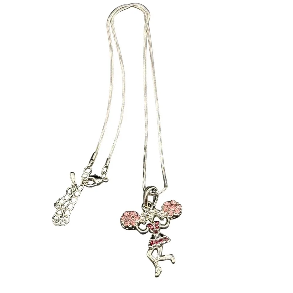 Silver Tone Pink Rhinestone Cheerleader Pom Pom Pendant Snake Chain Necklace